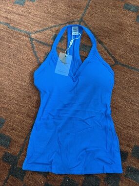 Dynamite Blue Ribbed V-Neck Halter Tank Top